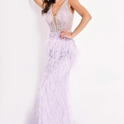 In Stock Jovani 03023 Size 00 Lilac Sheer Feather Prom Dress Plunging Neckline Pageant Gown Embellished