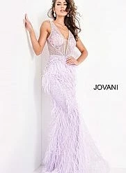 Jovani 03023 Sheer Feather Prom Dress Plunging Neckline Pageant Gown Embellished