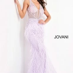 Mermaid Dresses Jovani 03023 Sheer Feather Prom Dress Plunging Neck Wedding Gown Pageant Gown