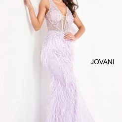 In Stock Mermaid Dresses Jovani 03023 Size 14 Sheer Feather Prom Dress Plunging Neck Wedding Gown Pageant Gown