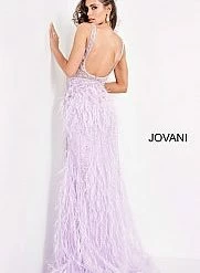 Jovani 03023 Sheer Feather Prom Dress Plunging Neckline Pageant Gown Embellished