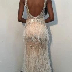 Mermaid Dresses Jovani 03023 Sheer Feather Prom Dress Plunging Neck Wedding Gown Pageant Gown