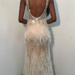 In Stock Mermaid Dresses Jovani 03023 Size 2 Sheer Feather Prom Dress Plunging Neck Wedding Gown Pageant Gown