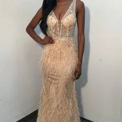 In Stock Mermaid Dresses Jovani 03023 Size 2 Sheer Feather Prom Dress Plunging Neck Wedding Gown Pageant Gown