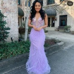 In Stock Mermaid Dresses Jovani 03023 Size 2 Sheer Feather Prom Dress Plunging Neck Wedding Gown Pageant Gown