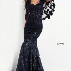 Jovani 03158 Navy Cape Sleeve Lace Mother Of The Bride Dress Formal Evening Gown