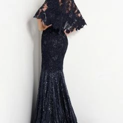 Jovani 03158 Navy Cape Sleeve Lace Mother Of The Bride Dress Formal Evening Gown