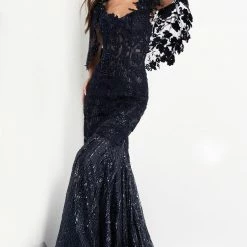 Jovani 03158 Navy Cape Sleeve Lace Mother Of The Bride Dress Formal Evening Gown