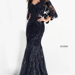 Jovani 03158 Navy Cape Sleeve Lace Mother Of The Bride Dress Formal Evening Gown