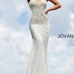 In Stock Jovani JVN03167 Silver Lace Plunging Neckline Prom Dress Evening Gown Party Formal Size 8