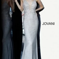 In Stock Jovani JVN03167 Silver Lace Plunging Neckline Prom Dress Evening Gown Party Formal Size 8