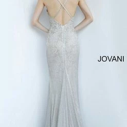 In Stock Jovani JVN03167 Silver Lace Plunging Neckline Prom Dress Evening Gown Party Formal Size 8