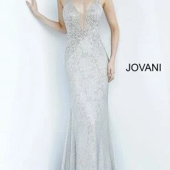 In Stock Jovani JVN03167 Silver Lace Plunging Neckline Prom Dress Evening Gown Party Formal Size 8