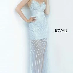 Discontinued Long Sleeve Dresses Jovani 03187 Crystal Embellished Sheath Evening Gown V Neck Sheer Slit Long