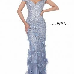 Jovani 03191 Long Fitted Floral Applique Evening Dress Off The Shoulder Pageant