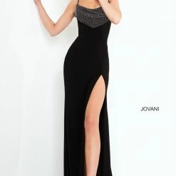 Jovani 03251 Black Velvet Tie Back Evening Dress Embellished Cowl Neckline Backless Dresses