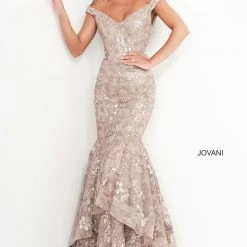 Jovani 03264 Taupe Mother Of The Bride Dress Off The Shoulder Lace Evening Gown