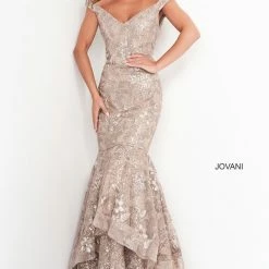 Jovani 03264 Taupe Mother Of The Bride Dress Off The Shoulder Lace Evening Gown