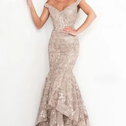 Jovani 03264 Taupe Mother Of The Bride Dress Off The Shoulder Lace Evening Gown