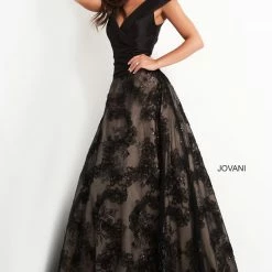 Jovani 03330 Black Lace A Line Evening Dress Satin Bodice Formal Wear Gown