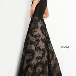 Jovani 03330 Black Lace A Line Evening Dress Satin Bodice Formal Wear Gown