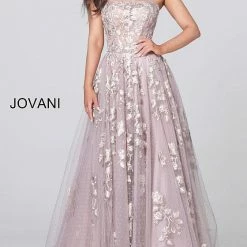 Discontinued Jovani 03347 Embroidered Straight Neckline Strapless Maxi Evening Dress Corset Dresses