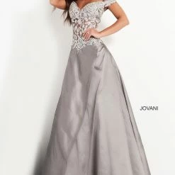 Jovani 03369 Grey Off The Shoulder Evening Dress Satin A Line Mother Of The Bride Gown