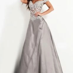 Jovani 03369 Grey Off The Shoulder Evening Dress Satin A Line Mother Of The Bride Gown