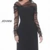 Jovani 03810 Black Knee Length Cocktail Dress With Sheer Neckline And Long Sleeves Long Sleeve Dresses