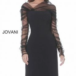 Jovani 03810 Black Knee Length Cocktail Dress With Sheer Neckline And Long Sleeves Long Sleeve Dresses