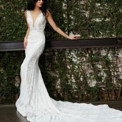 Jovani Bridal JB03871 Long Sheer V Neck Wedding Dress Sheer Embellished Gown