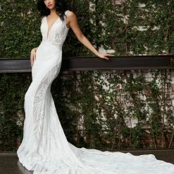 Jovani Bridal JB03871 Long Sheer V Neck Wedding Dress Sheer Embellished Gown