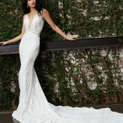 Jovani Bridal JB03871 Long Sheer V Neck Wedding Dress Sheer Embellished Gown