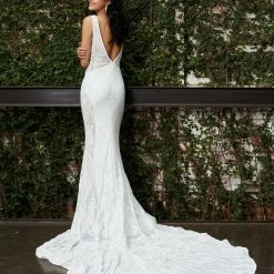 Jovani Bridal JB03871 Long Sheer V Neck Wedding Dress Sheer Embellished Gown