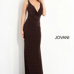 Jovani 04036 Floor Length Form Fitting Jersey Embellished Prom Dress Cowl Neckline Long Sleeve Dresses