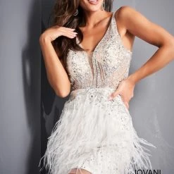 Jovani 04042 Short Sheer Beaded Feather Cocktail Dress Backless Prom Homecoming