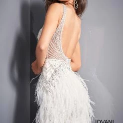 Jovani 04042 Short Sheer Beaded Feather Cocktail Dress Backless Prom Homecoming