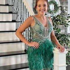 Jovani 04042 Short Sheer Beaded Feather Cocktail Dress Backless Prom Homecoming