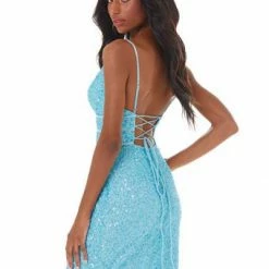 Ashleylauren Sequin Dresses Ashley Lauren 4407 Iridescent Blue Cocktail Dress Sequins V Neckline Homecoming Dress