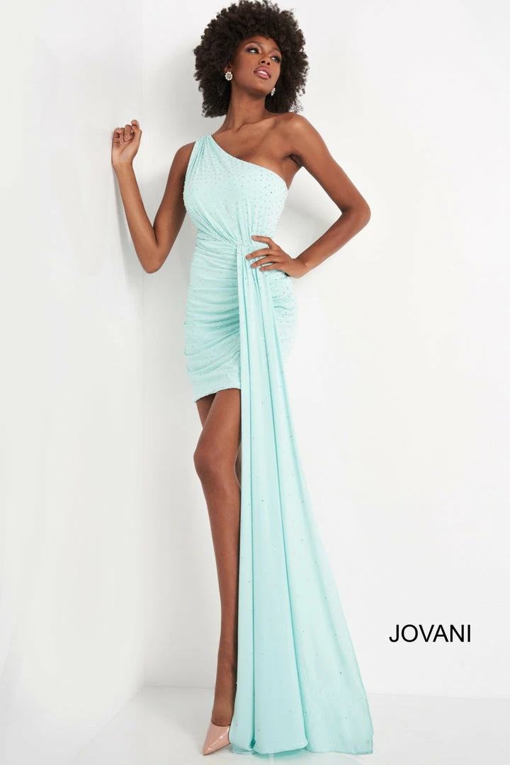 In Stock Jovani 04153 Size 4 Short One Shoulder Fitted Cocktail Dress Draped Sash Pageant Dress 3 In Stock Jovani 04153 Size 4 Short One Shoulder Fitted Cocktail Dress Draped Sash Pageant Dress