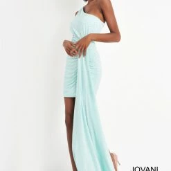 Jovani 04153 Short Embellished One Shoulder Cocktail Dress Draped Sash Gown