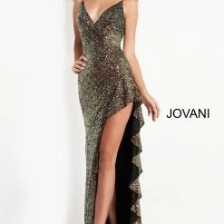 Jovani 04231 Sequin High Low Formal Ruffle Prom Dess V Neck Evening Gown