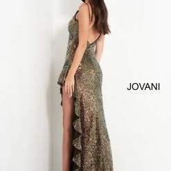 Jovani 04231 Sequin High Low Formal Ruffle Prom Dess V Neck Evening Gown
