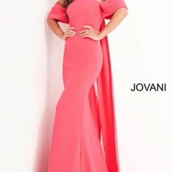 Jovani 04350 Off The Shoulder Crepe Evening Dress With Cape Train