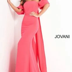Jovani 04350 Off The Shoulder Crepe Evening Dress With Cape Train