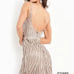 Jovani 04510 Short Fitted Embellished Formal Cocktail Dress Sheer V Neckline Gown Backless Dresses
