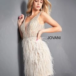 Backless Dresses Jovani 04619 Short Fitted Sheer Feather Cocktail Dress Plunging Neck Prom