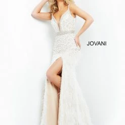 Jovani 04626 Embellished Feather Skirt Long Prom Dress Evening Gown Side Slit