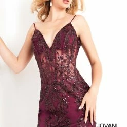 Sequin Dresses Jovani 04699 Short Fitted Sheer Corset V Neck Cocktail Dress Homecoming Glitter