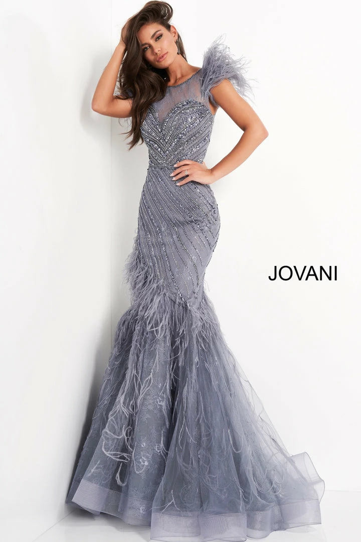 Jovani 04702 Lace Feather Mermaid Formal Pageant Dress Sheer Beaded Prom Gown 4 Jovani 04702 Lace Feather Mermaid Formal Pageant Dress Sheer Beaded Prom Gown